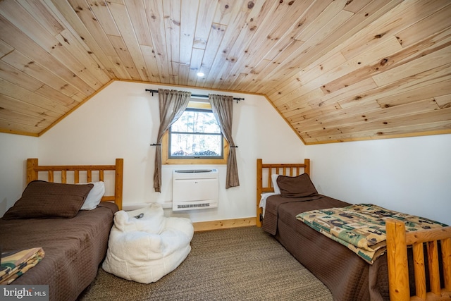 carpeted bedroom featuring heating unit, lofted ceiling, and wooden ceiling