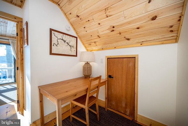 office area featuring vaulted ceiling and wood ceiling