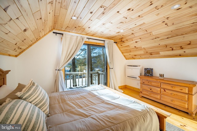 bedroom featuring access to outside, light hardwood / wood-style floors, wood ceiling, vaulted ceiling, and heating unit