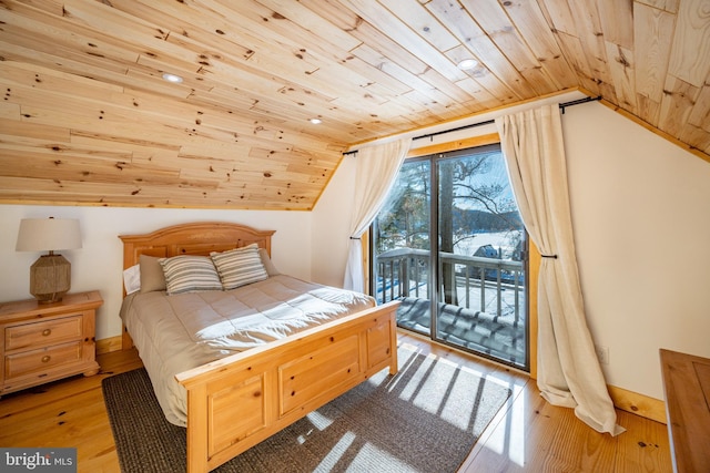 bedroom with wooden ceiling, lofted ceiling, access to outside, and light wood-type flooring