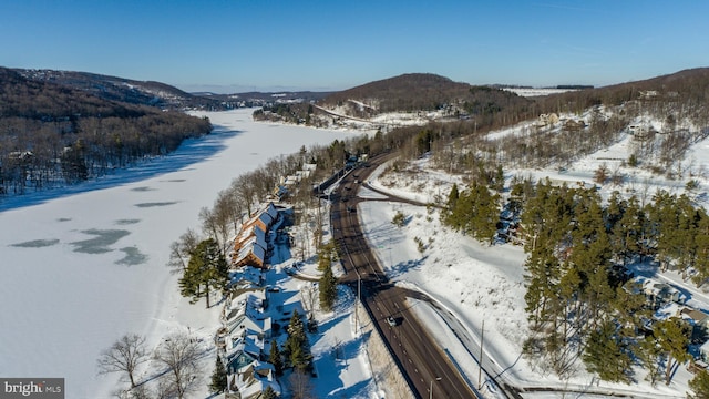 snowy aerial view featuring a mountain view