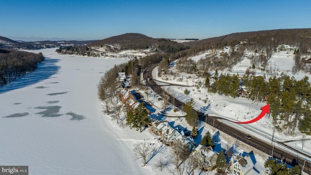 snowy aerial view featuring a mountain view