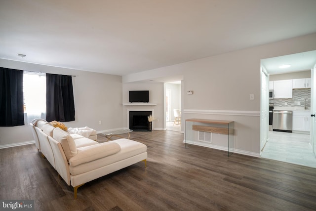 living room with dark hardwood / wood-style flooring