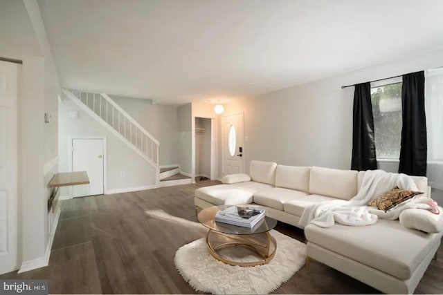 living room with dark hardwood / wood-style floors