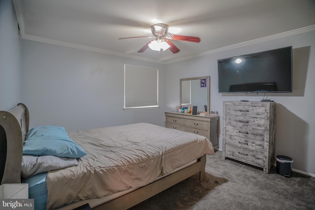 bedroom with ceiling fan, carpet, and ornamental molding