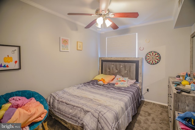 bedroom with ceiling fan, crown molding, and carpet flooring