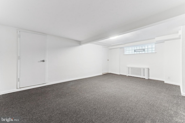 basement featuring carpet and radiator heating unit