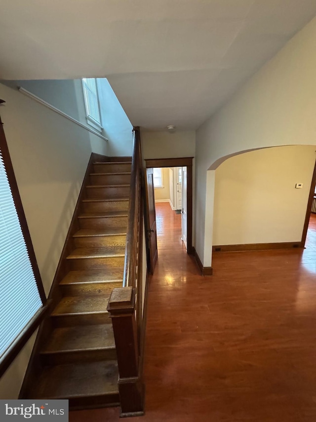 stairs with lofted ceiling and hardwood / wood-style floors