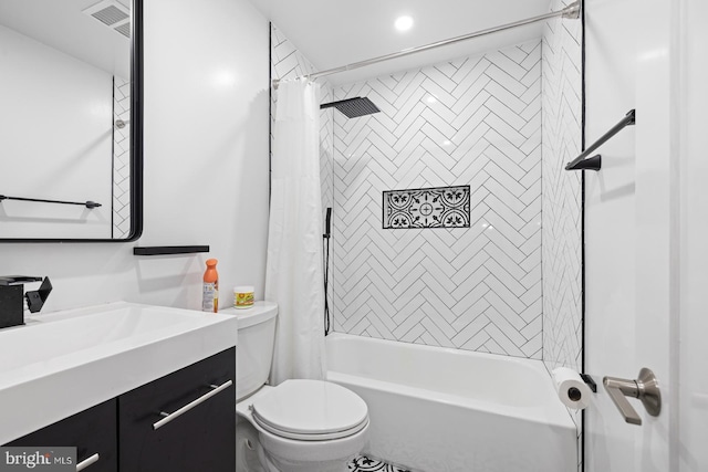 full bathroom with toilet, vanity, and shower / bath combo with shower curtain