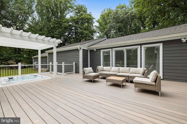 wooden deck with a pergola and outdoor lounge area