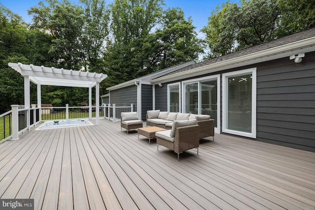 wooden terrace with an outdoor living space and a pergola