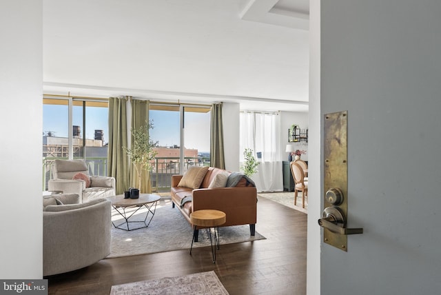 living room featuring a healthy amount of sunlight and dark hardwood / wood-style floors