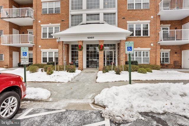 view of snow covered building