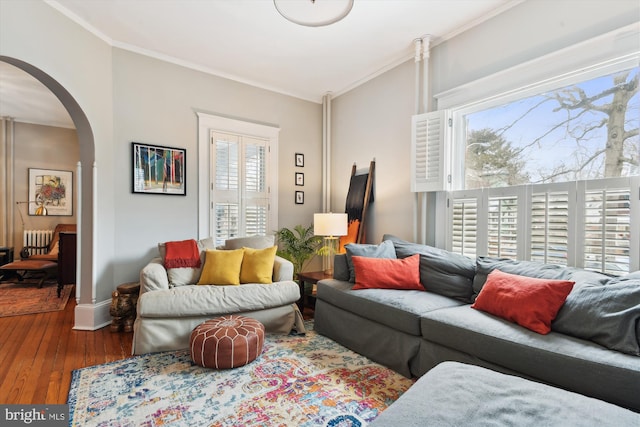 living room featuring crown molding and hardwood / wood-style floors