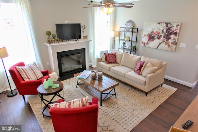 living room featuring ceiling fan and hardwood / wood-style flooring