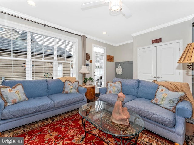 living room featuring crown molding and ceiling fan