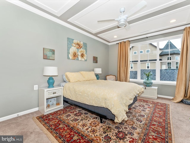 bedroom featuring ceiling fan and light carpet