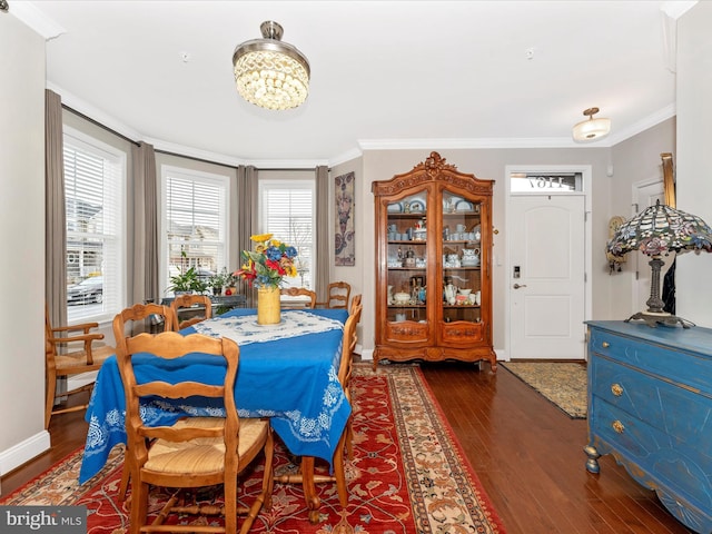 dining space with crown molding and dark hardwood / wood-style floors