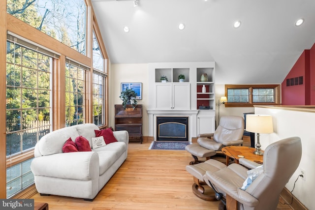 living room featuring light hardwood / wood-style flooring and high vaulted ceiling