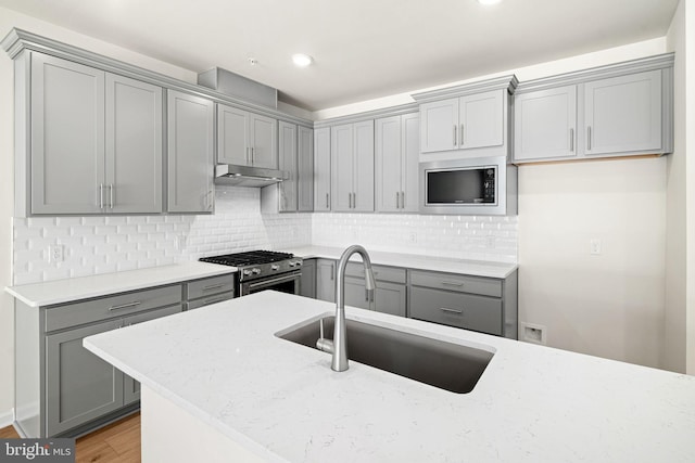 kitchen featuring sink, hardwood / wood-style flooring, gray cabinets, stainless steel appliances, and light stone countertops