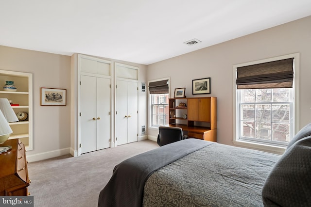 carpeted bedroom with multiple closets