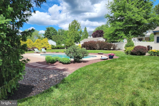 view of yard featuring a fenced in pool and a patio area