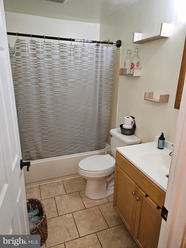 full bathroom with toilet, shower / bath combo, and vanity