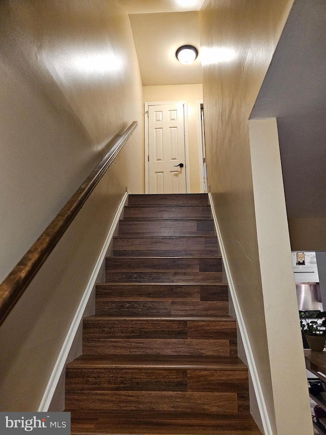 staircase with hardwood / wood-style floors