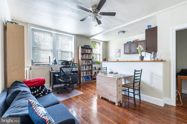 office featuring dark hardwood / wood-style flooring, radiator, and ceiling fan