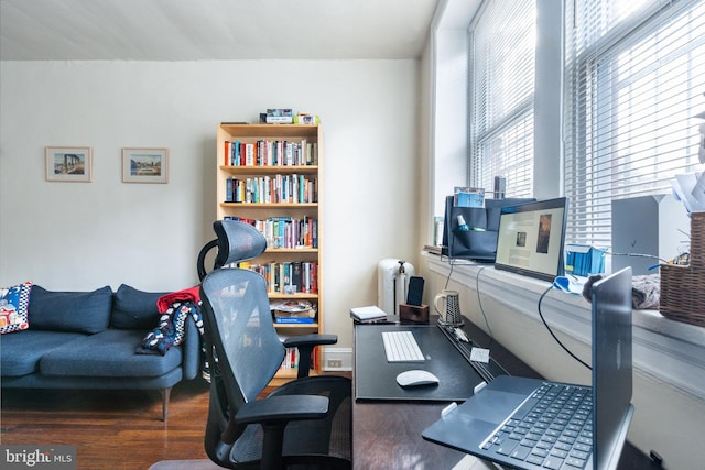 home office with dark wood-type flooring