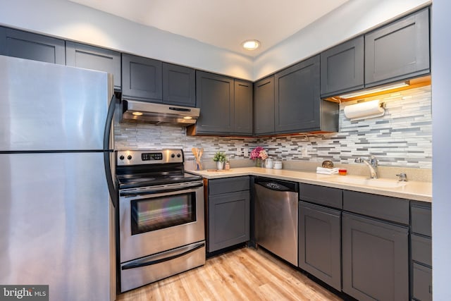 kitchen featuring sink, light wood-type flooring, tasteful backsplash, gray cabinetry, and stainless steel appliances