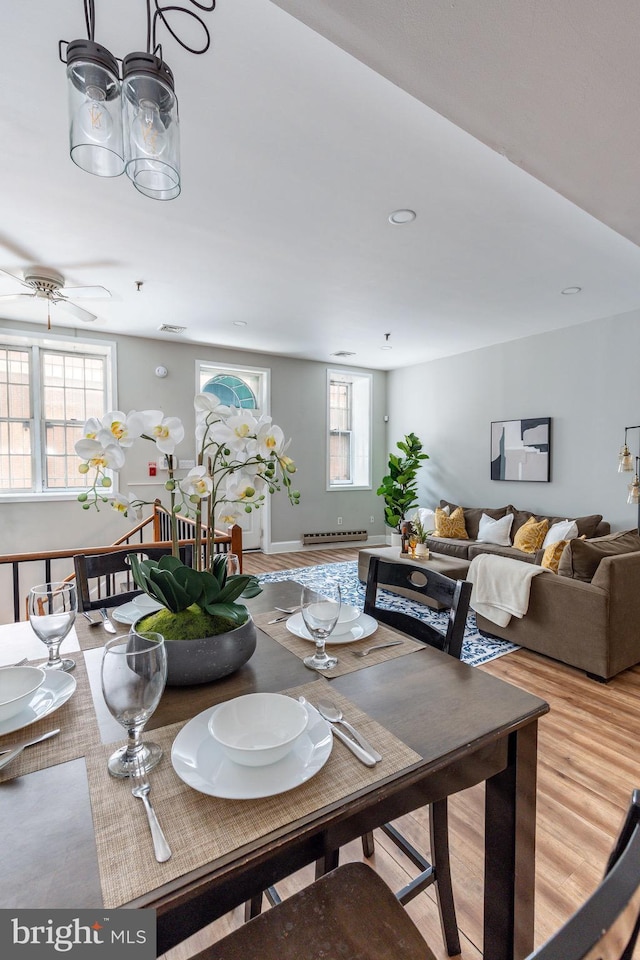 dining room featuring light hardwood / wood-style floors, a baseboard heating unit, and a healthy amount of sunlight