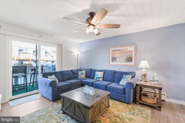 living room with wood ceiling, ceiling fan, and light wood-type flooring