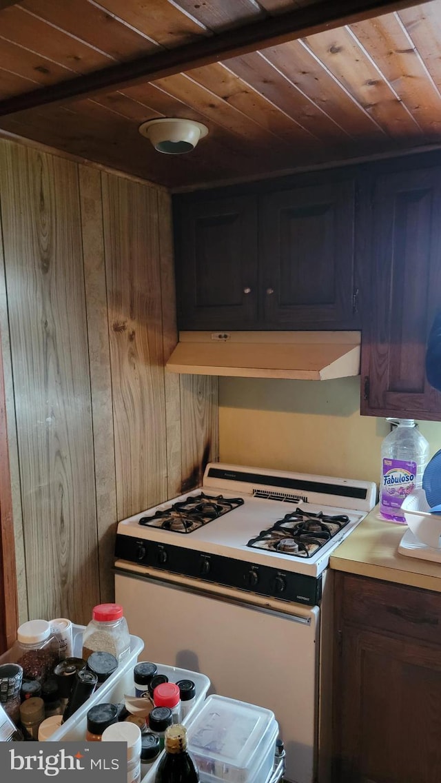 kitchen with exhaust hood, wooden walls, dark brown cabinetry, wood ceiling, and white gas stove