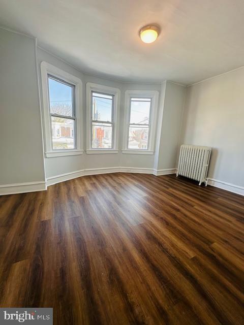 unfurnished room with radiator, dark hardwood / wood-style flooring, and a wealth of natural light