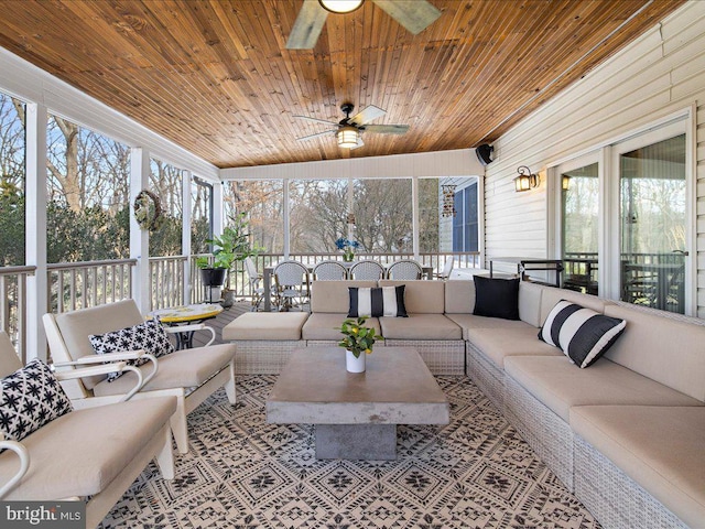 sunroom / solarium featuring wooden ceiling and ceiling fan