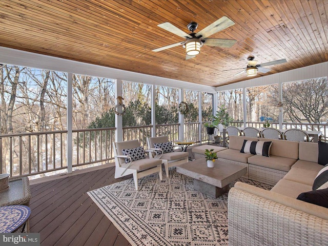 sunroom featuring wood ceiling