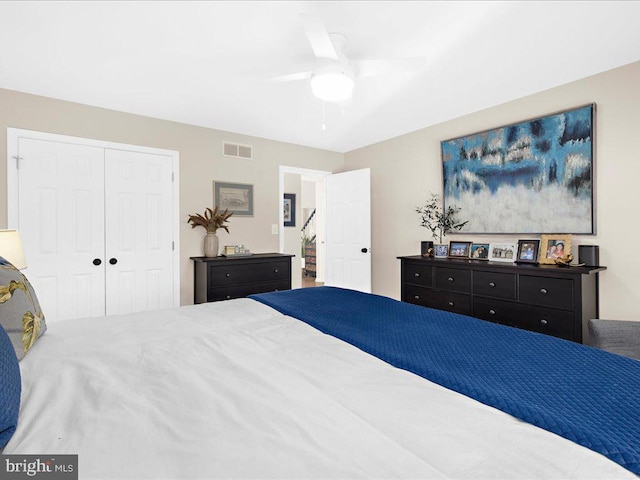 bedroom featuring a closet and ceiling fan