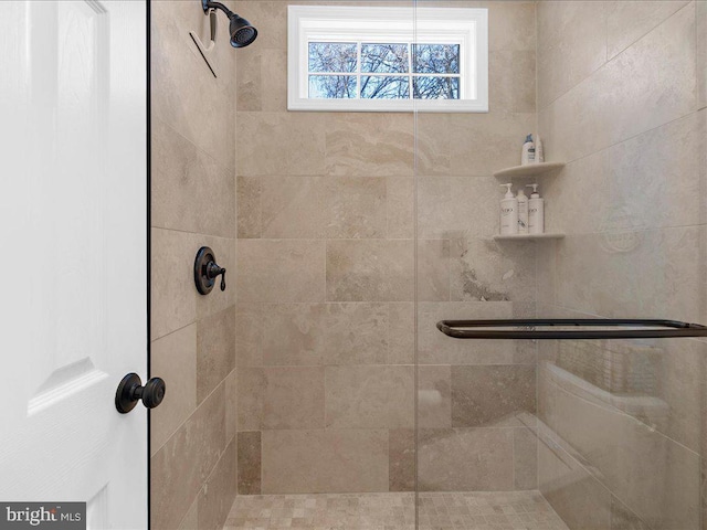 bathroom featuring a shower with door