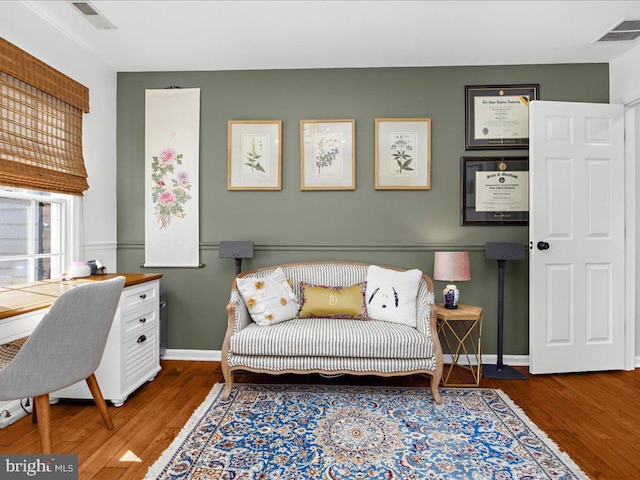 home office with dark wood-type flooring