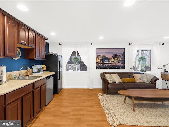 kitchen featuring stainless steel dishwasher, plenty of natural light, sink, and light hardwood / wood-style floors