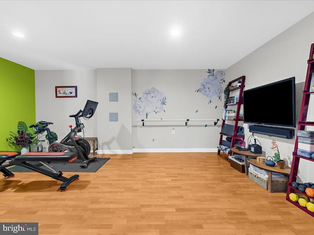 exercise area featuring light hardwood / wood-style flooring