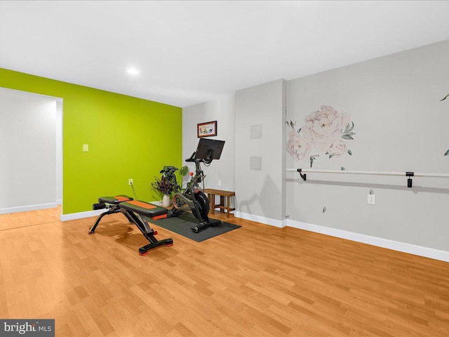 workout area featuring light hardwood / wood-style floors