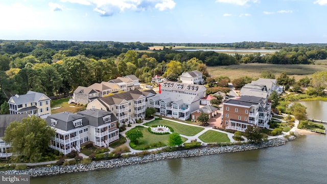 bird's eye view with a water view