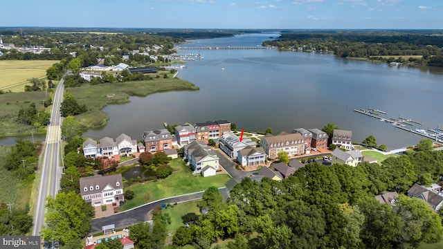 drone / aerial view featuring a water view