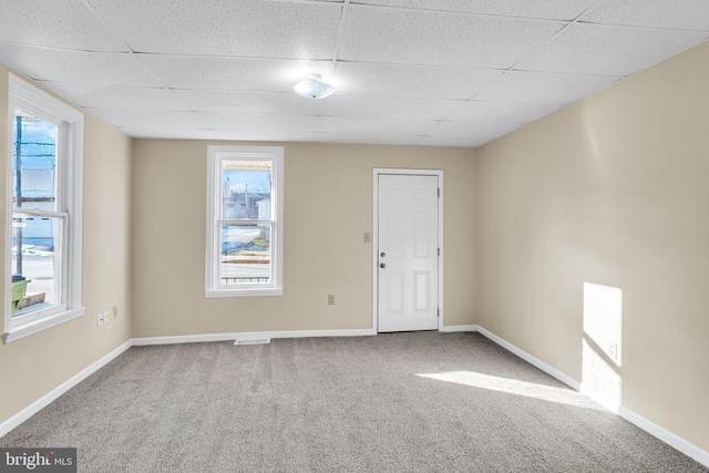 carpeted empty room with a wealth of natural light and a paneled ceiling