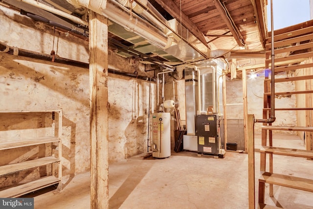 basement with heating unit and water heater