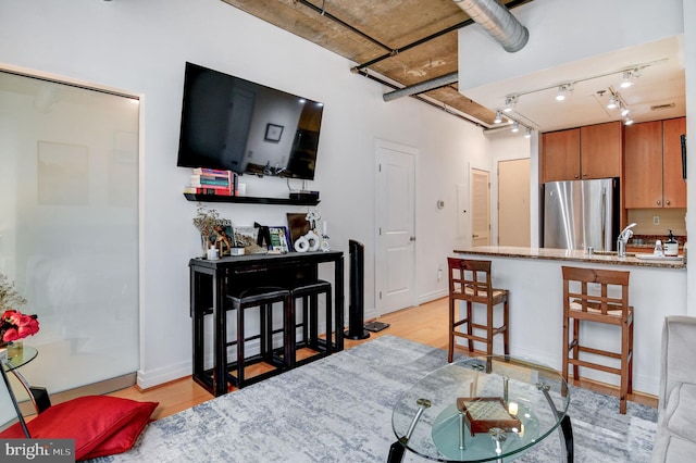 living room featuring sink and light hardwood / wood-style floors