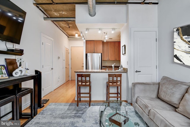 living room featuring sink and light hardwood / wood-style flooring