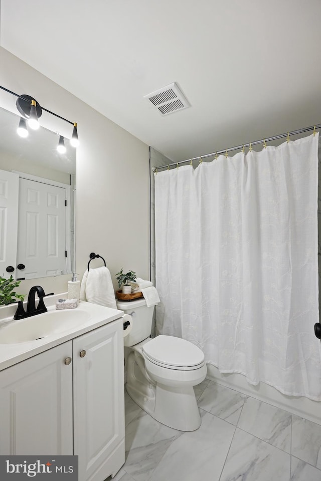 full bathroom with vanity, toilet, and shower / bath combination with curtain